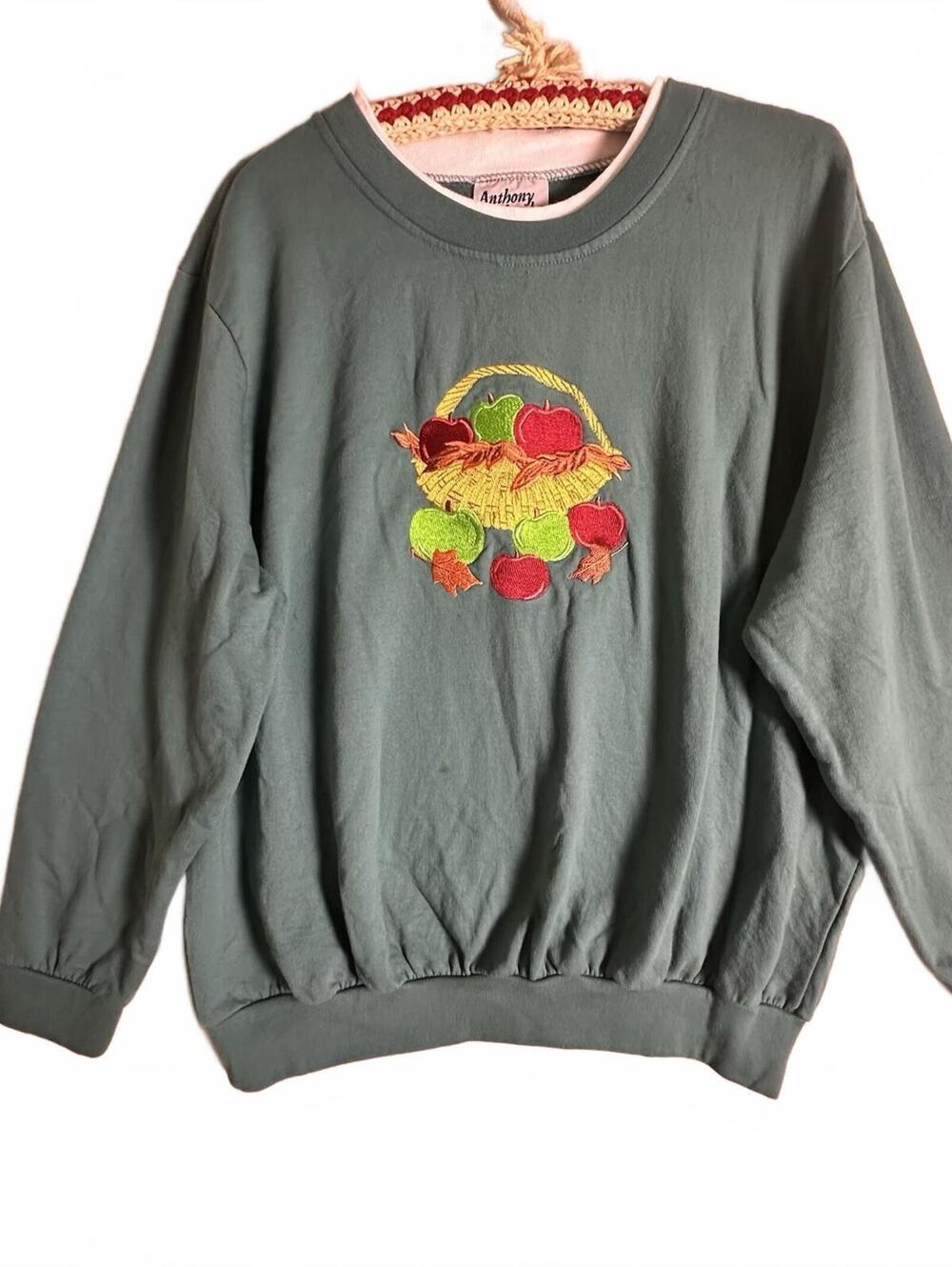 Vintage 90s teal Autumn Apple Basket Embroidered Sweatshirt 2X Teacher cottage